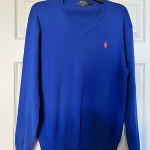 Polo by Ralph Lauren V-Neck Sweater Pima Cotton in Royal Blue with Orange Pony